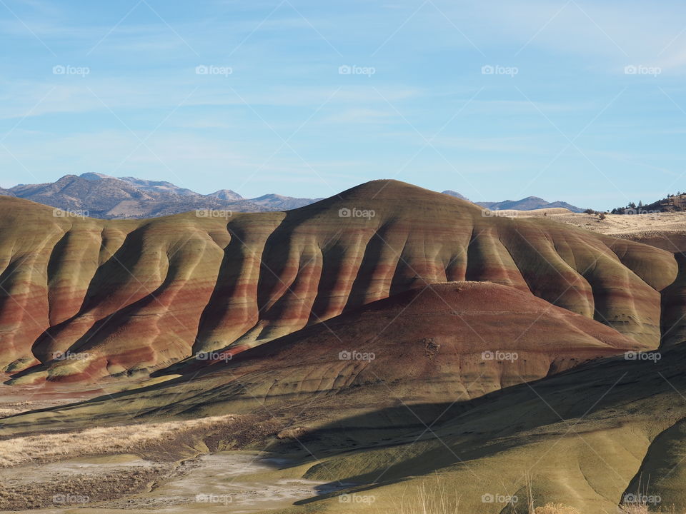 The incredible beauty of the red, gold, and browns of the textured Painted Hills in Eastern Oregon on a bright sunny day.