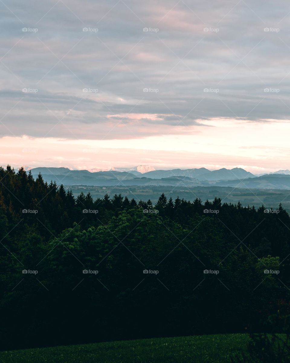 Evening view at the mountain range in the distance