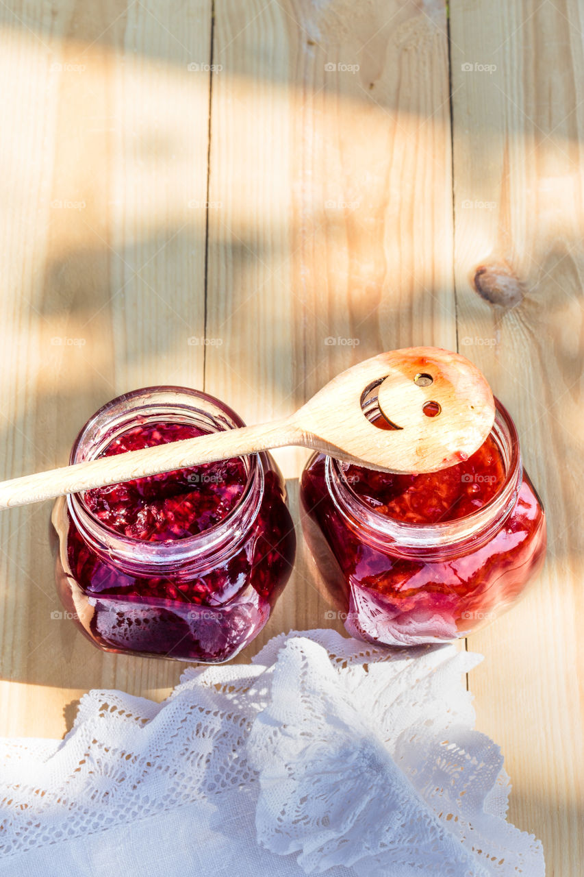 Homemade jam on wooden table. Homemade jam on wooden table