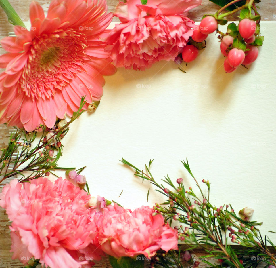 Spring, flowers, floral border, flower border, flat lay, white paper, wooden background, pink flowers and leaves, carnations, landscape orientation