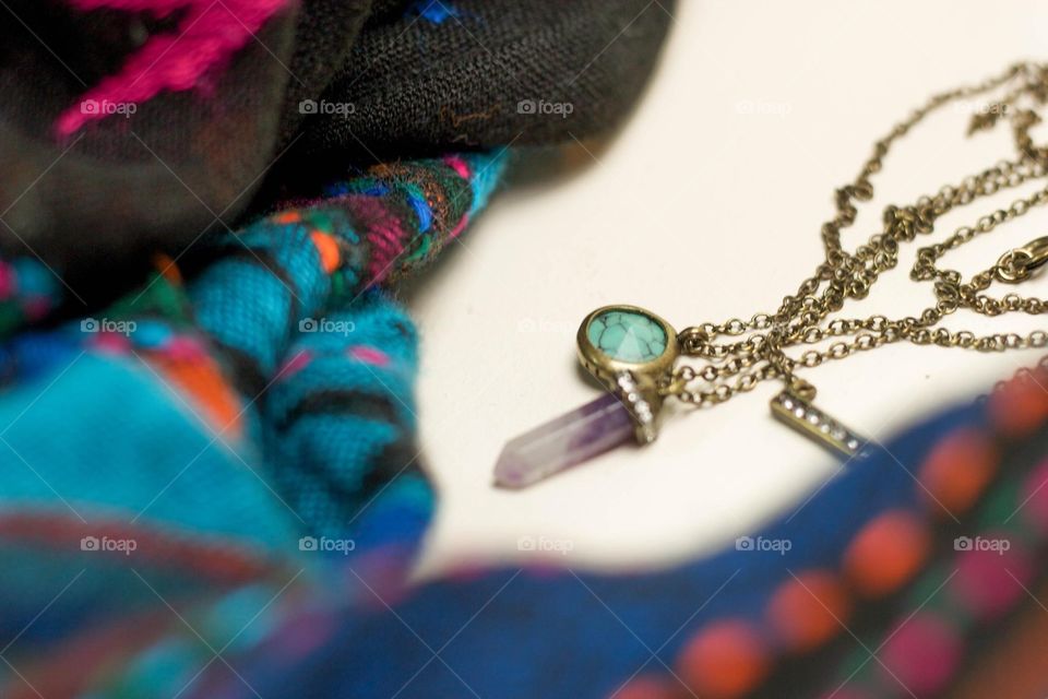 Accessories turquoise and purple crystal necklaces with matching patterned kimono