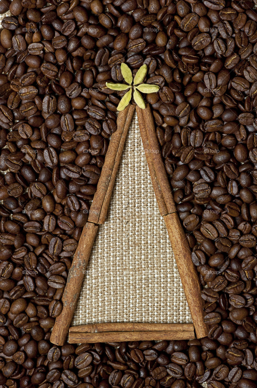 High angle view of roasted coffee beans and cinnamon