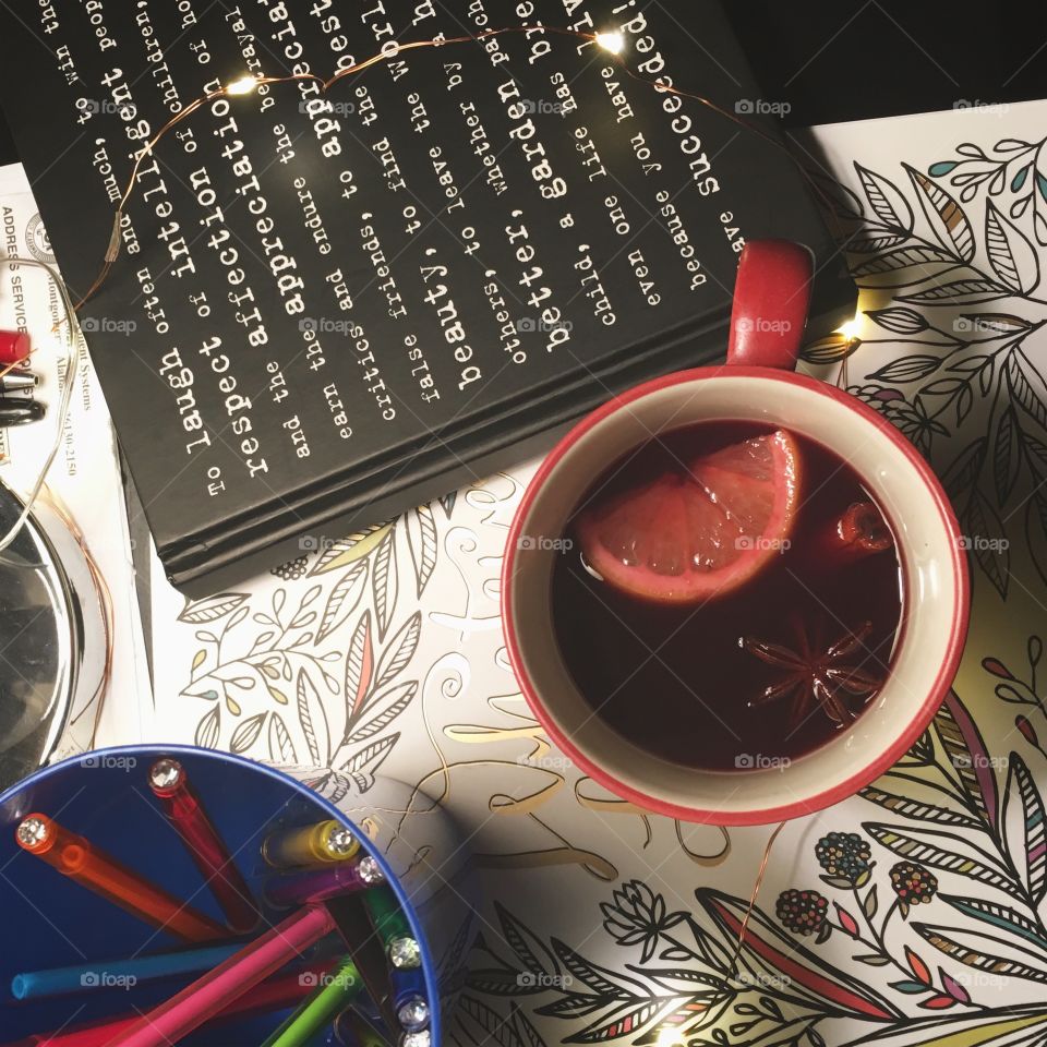 Hot mulled wine and books.