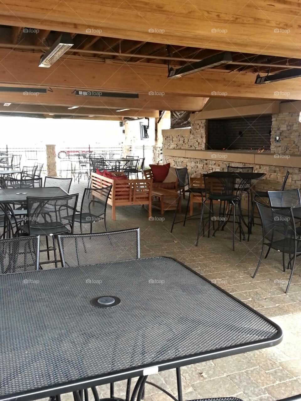 Restaurant patio with fireplace