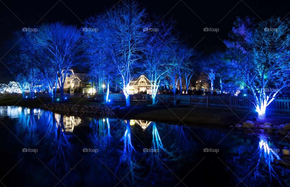 Blue lights reflect on pond during holiday. 