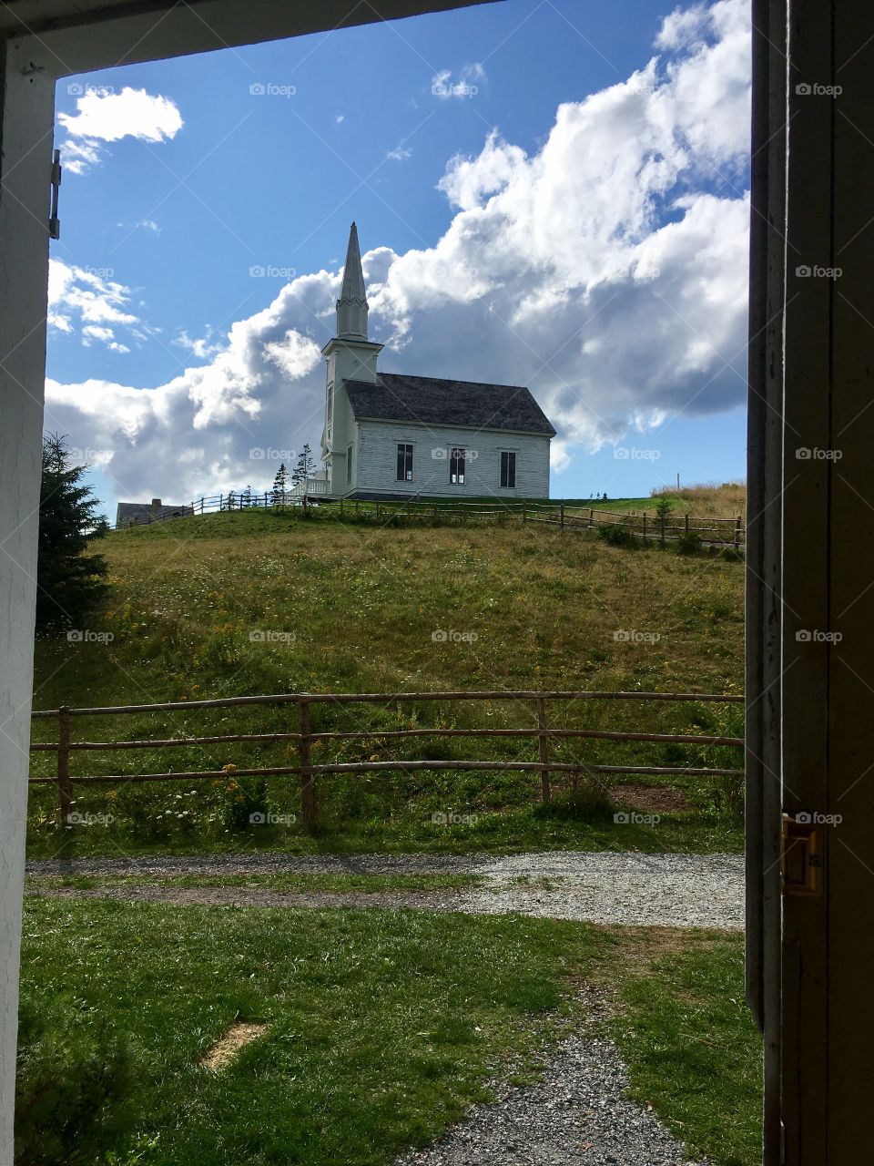 Beautiful church a top a greasy, peaceful hill at the Highland Village Museum in Iona, Cape Breton Island. 