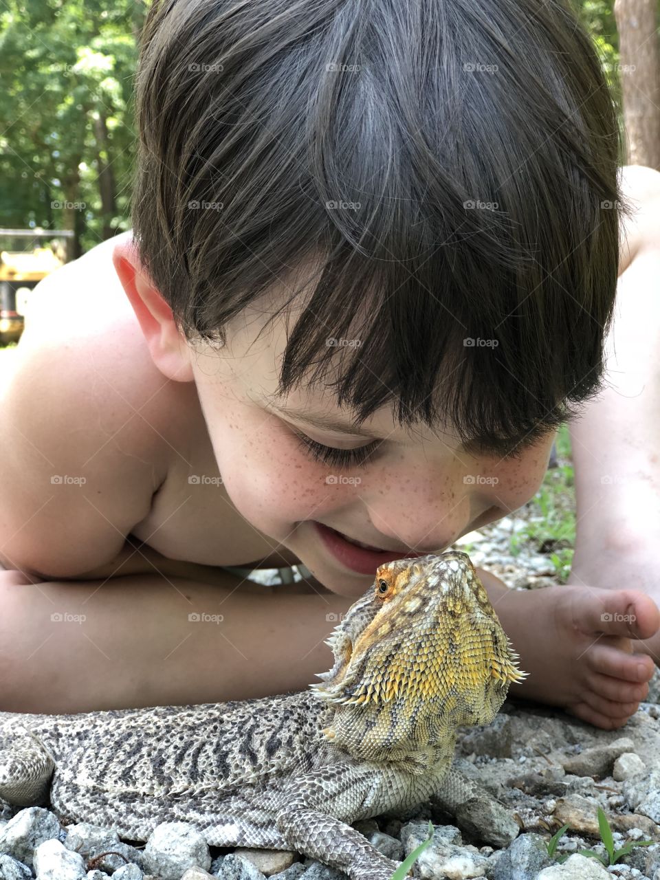 Boy loves his bearded dragon. 