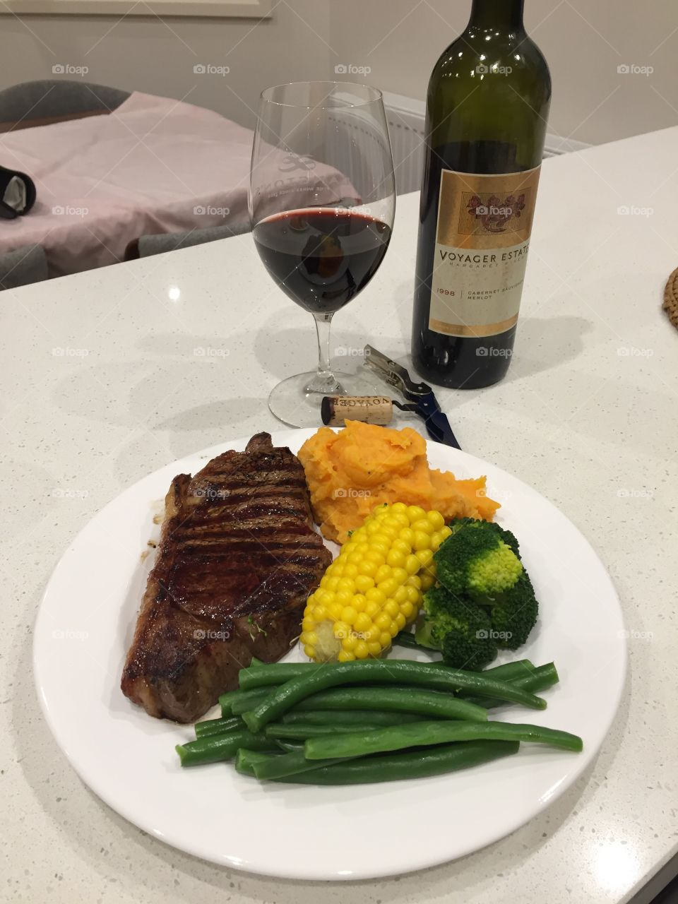 Steak, Mash, and veggies and a glass of Aussie red wine
