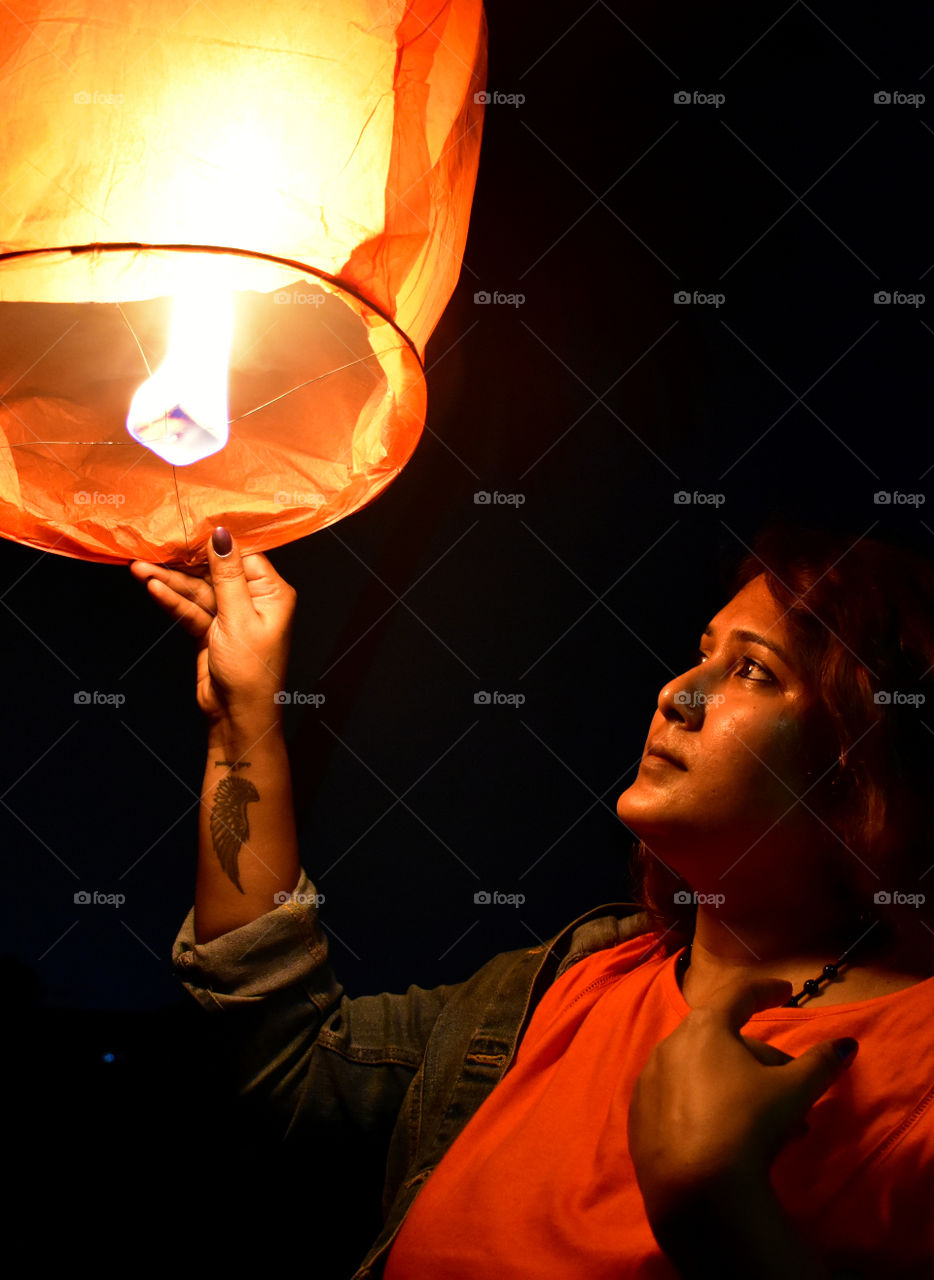 woman with sky lantern