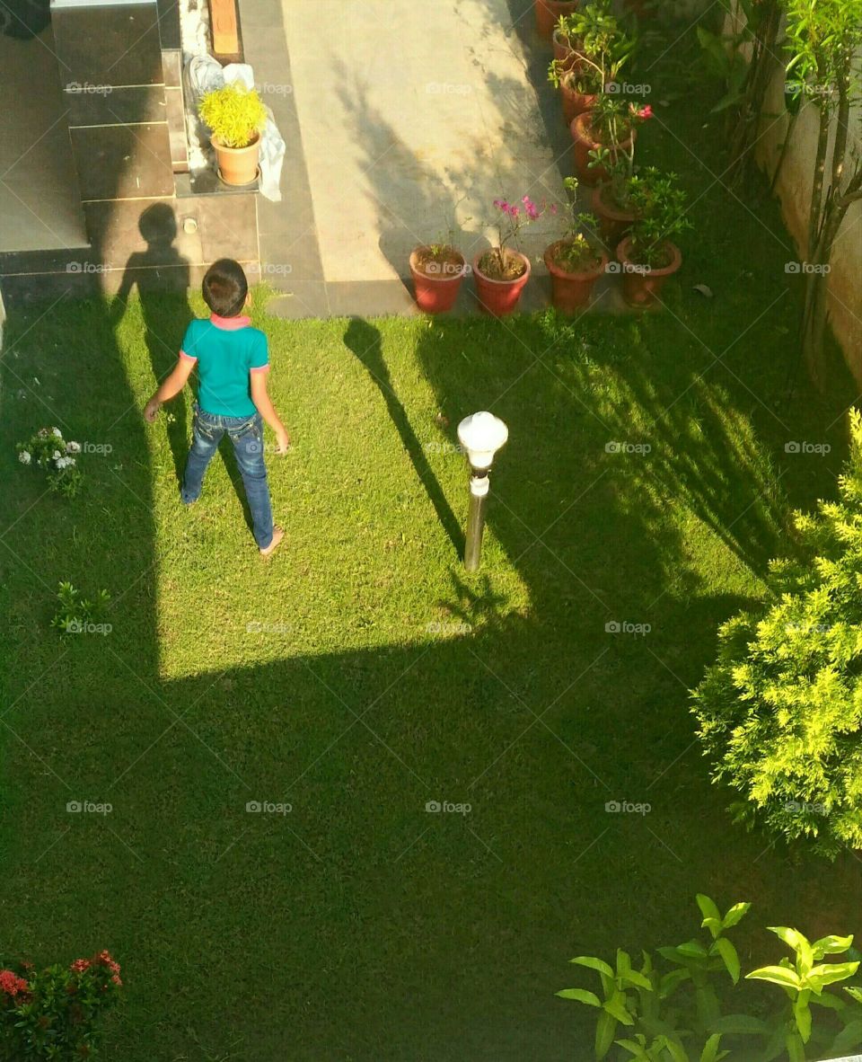 Boy playing  in garden in at  evening  time