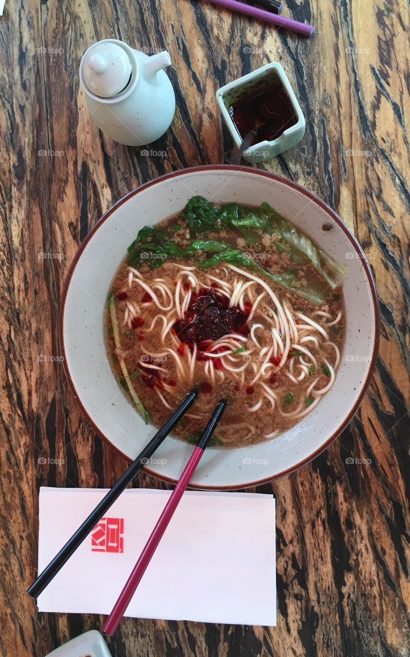 Pork Noodles and Chopsticks in Shenzhen Restaurant - China