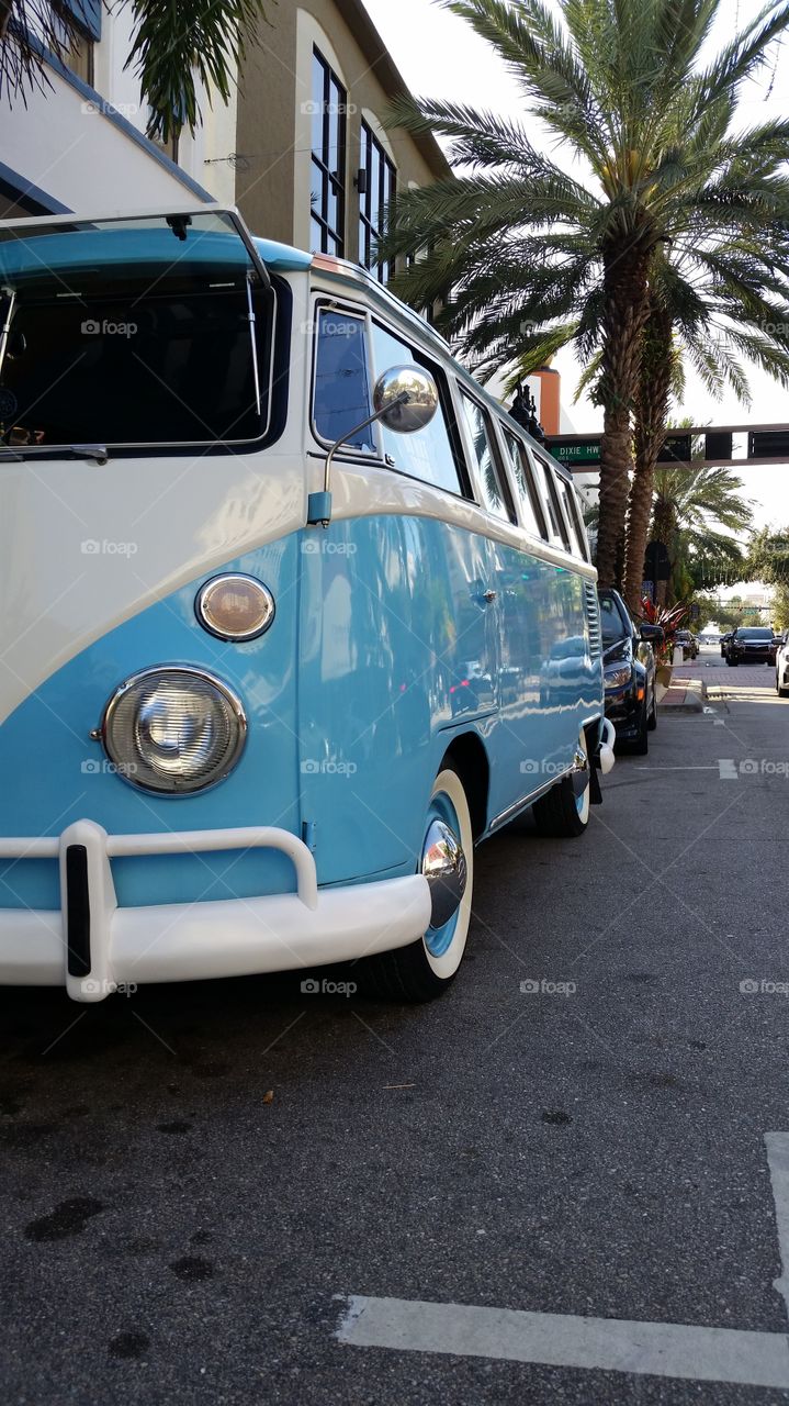 Classic VW bus on Clematis street in West Palm Beach, Florida.