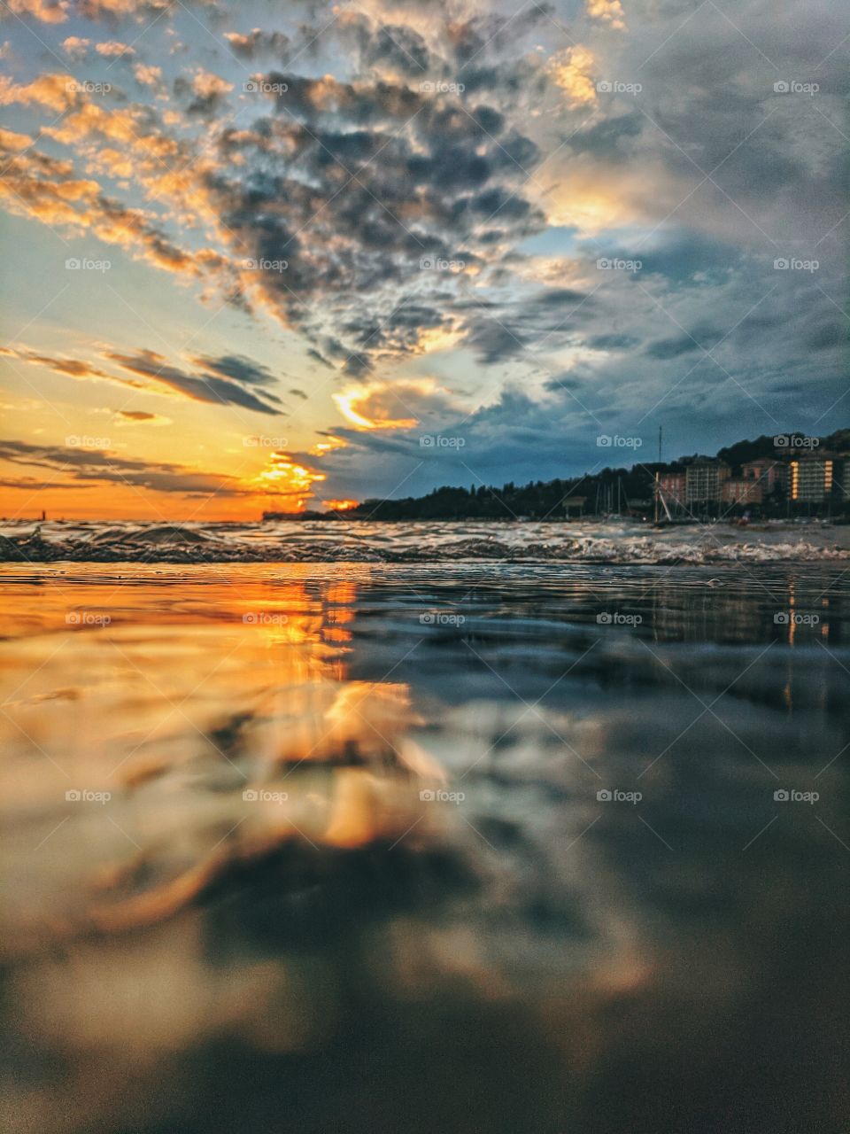 Wonderful reflection of sunset on the Adriatic Sea in Slovenia.