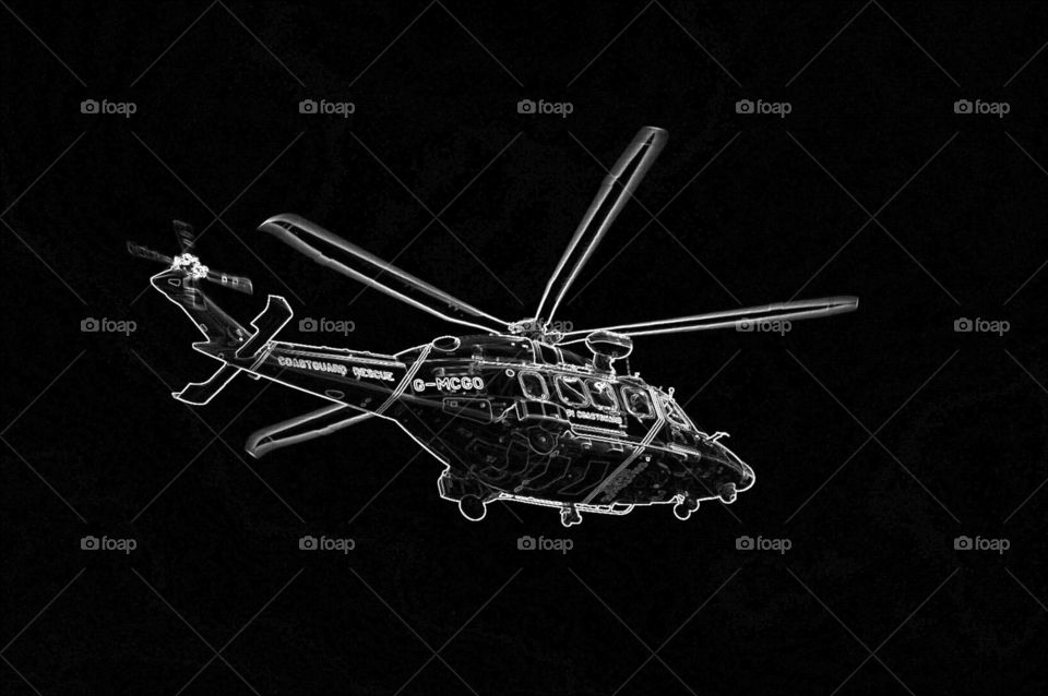 UK Coastguard Rescue Helicopter Agusta Westland AW189s call-sign G-MCGO flying overhead edited in to wireframe white with black background. The colours can easily be inverted to get a black on white picture