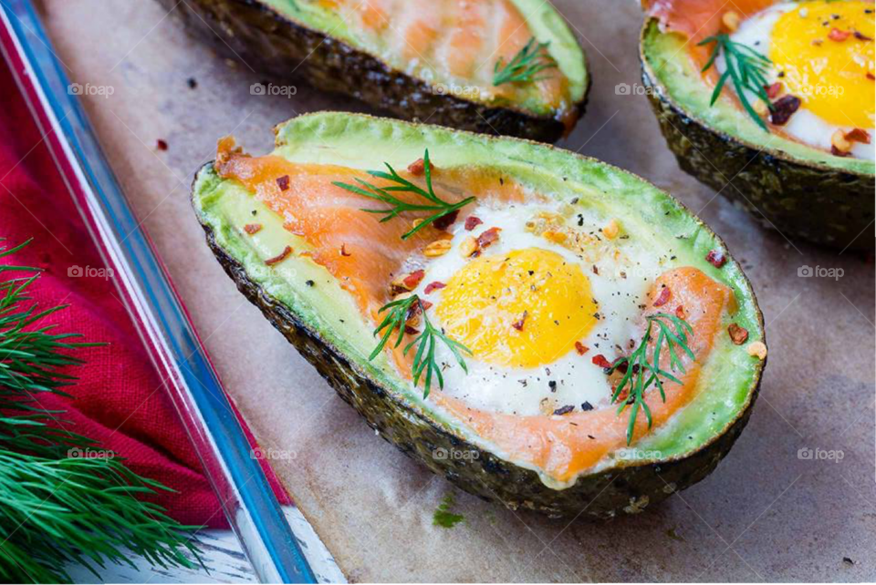 Salmon, avocado and egg summer salad. 