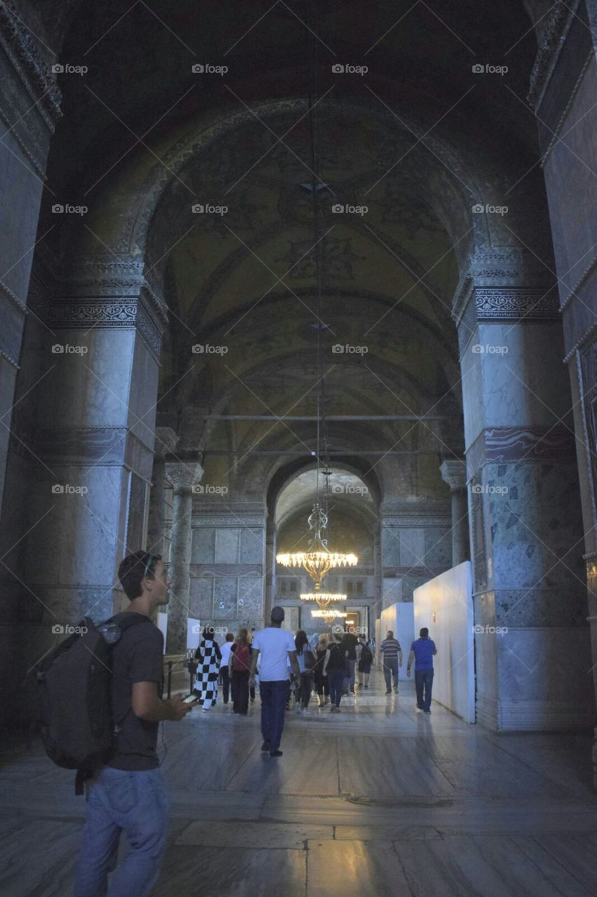 me and a tour group inside the Aya Sophia in Istanbul Turkey