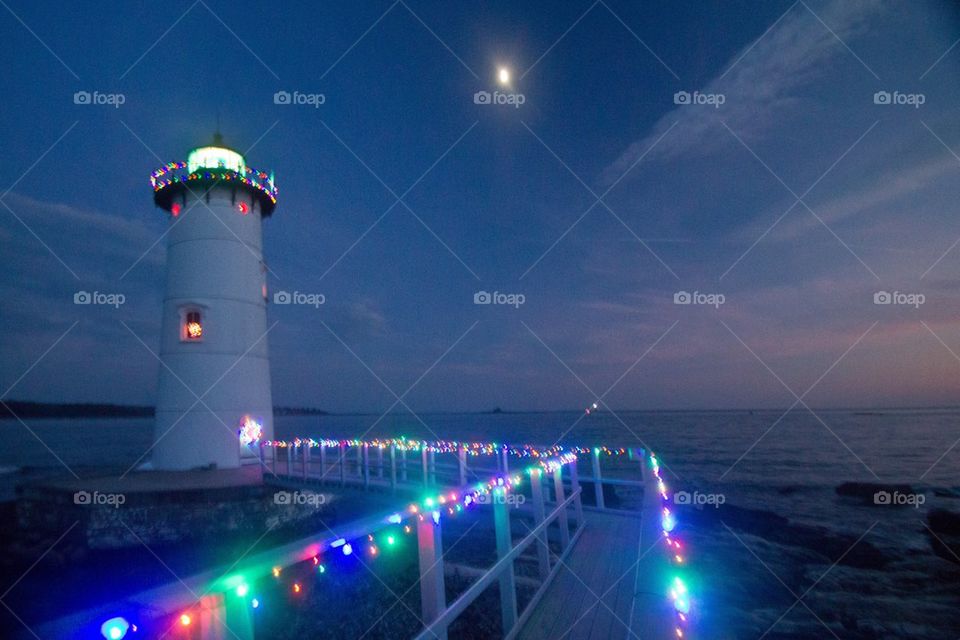 Portsmouth Harbor Lighthouse with Christmas lights