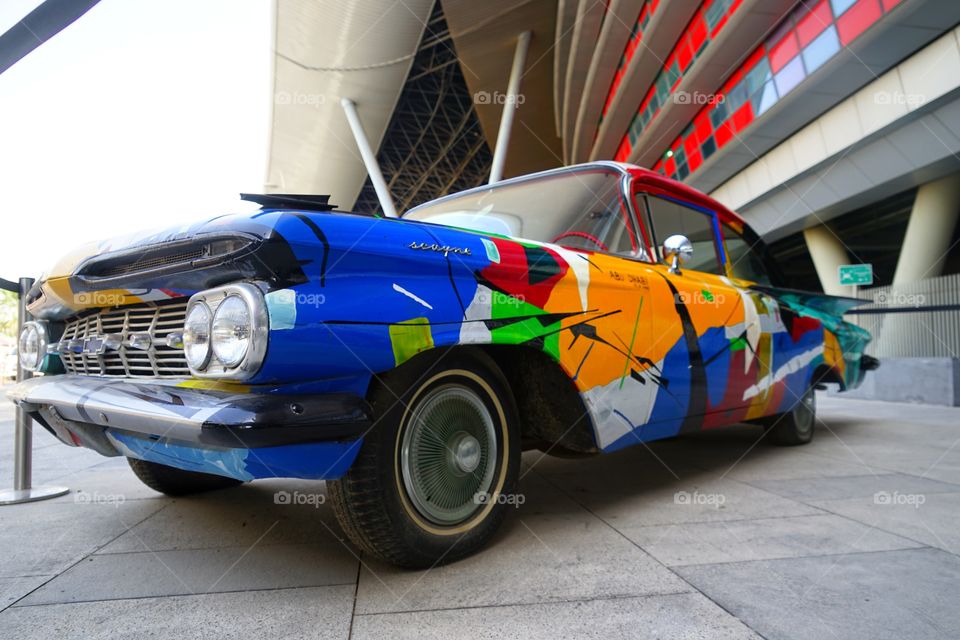 colorful show car in the Ferrari World of Abu Dhabi