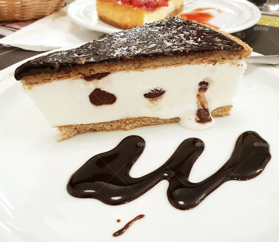 Piece of cake with ice cream