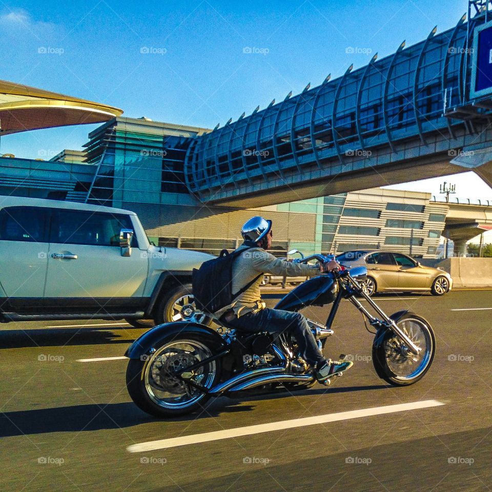 Easy rider. Chopper on the highway in Dubai 