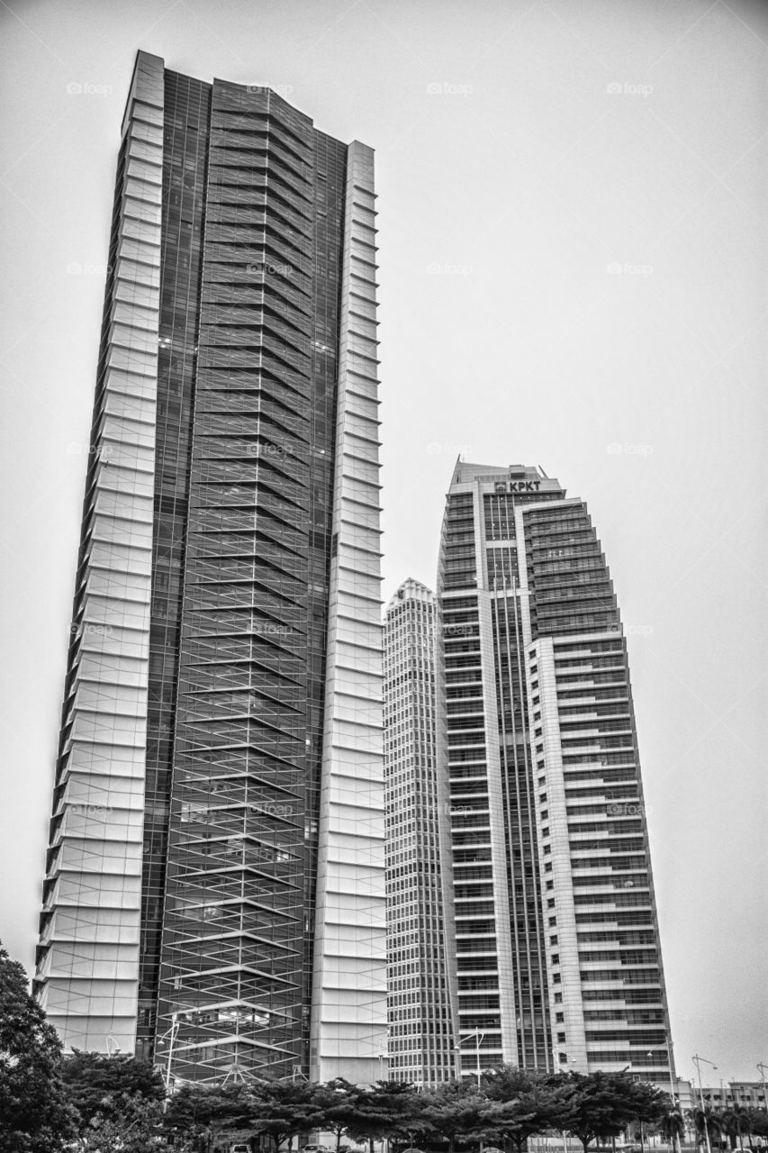 View of black and white building