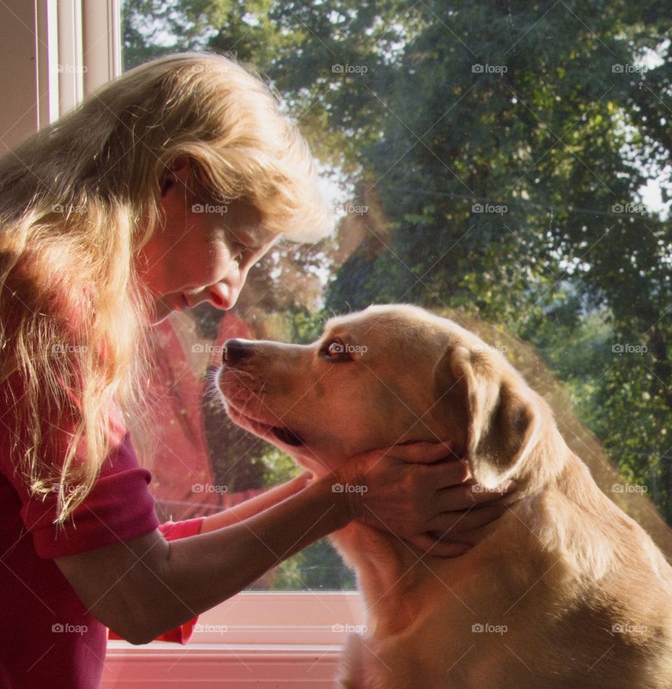 Look into my Eyes,  blonde woman and yellow Labrador retriever looking intently into one another’s eyes.  Very tender moment.