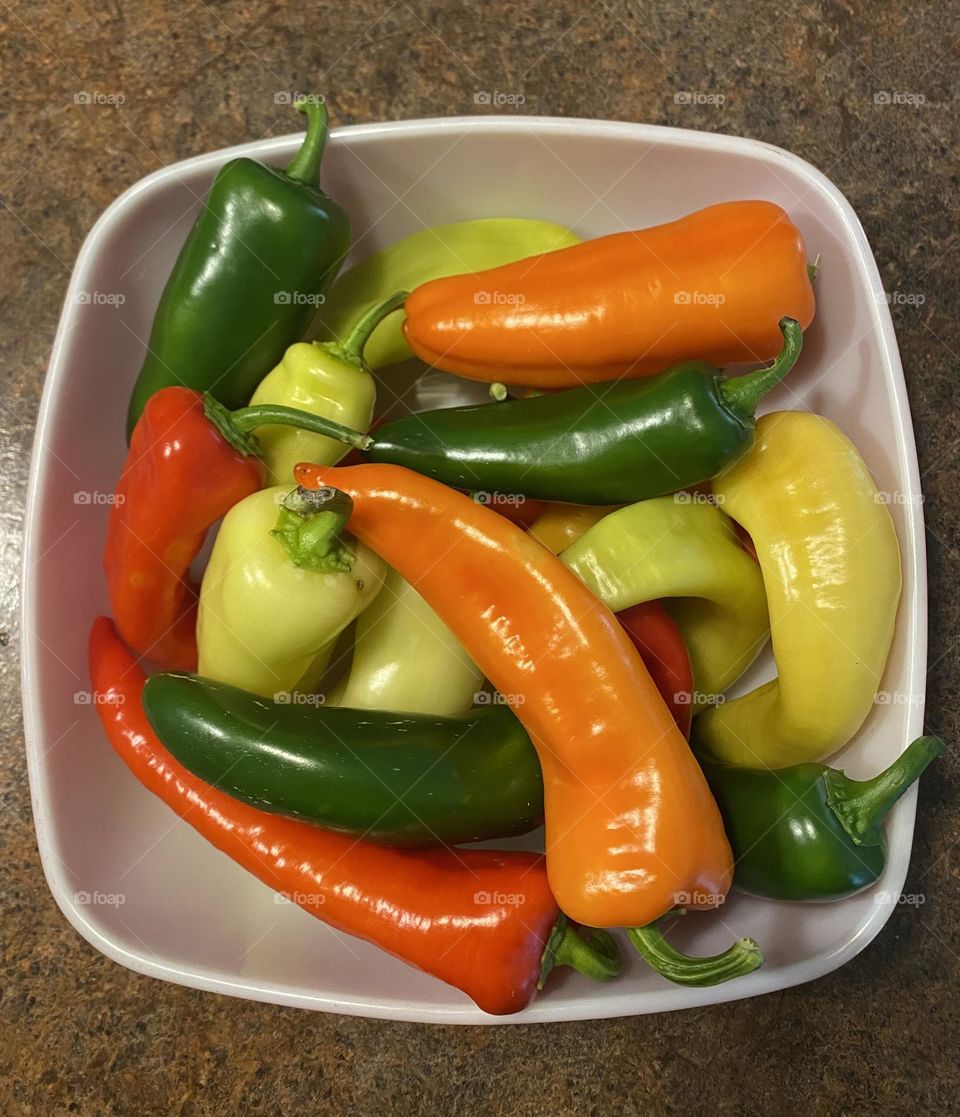 Colorful peppers in a bowl