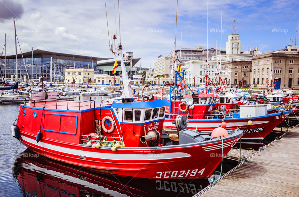 Fishing boats at A Coruña harbour, Galicia, Spain.