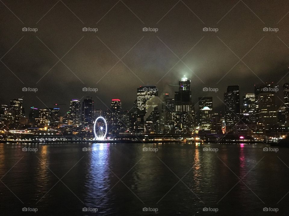 Seattle Waterfront on a foggy night 