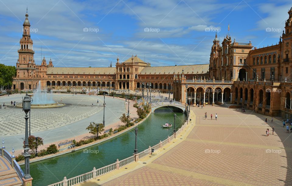 Panorama of Plaza de España. View of Plaza de España Seville, Spain.