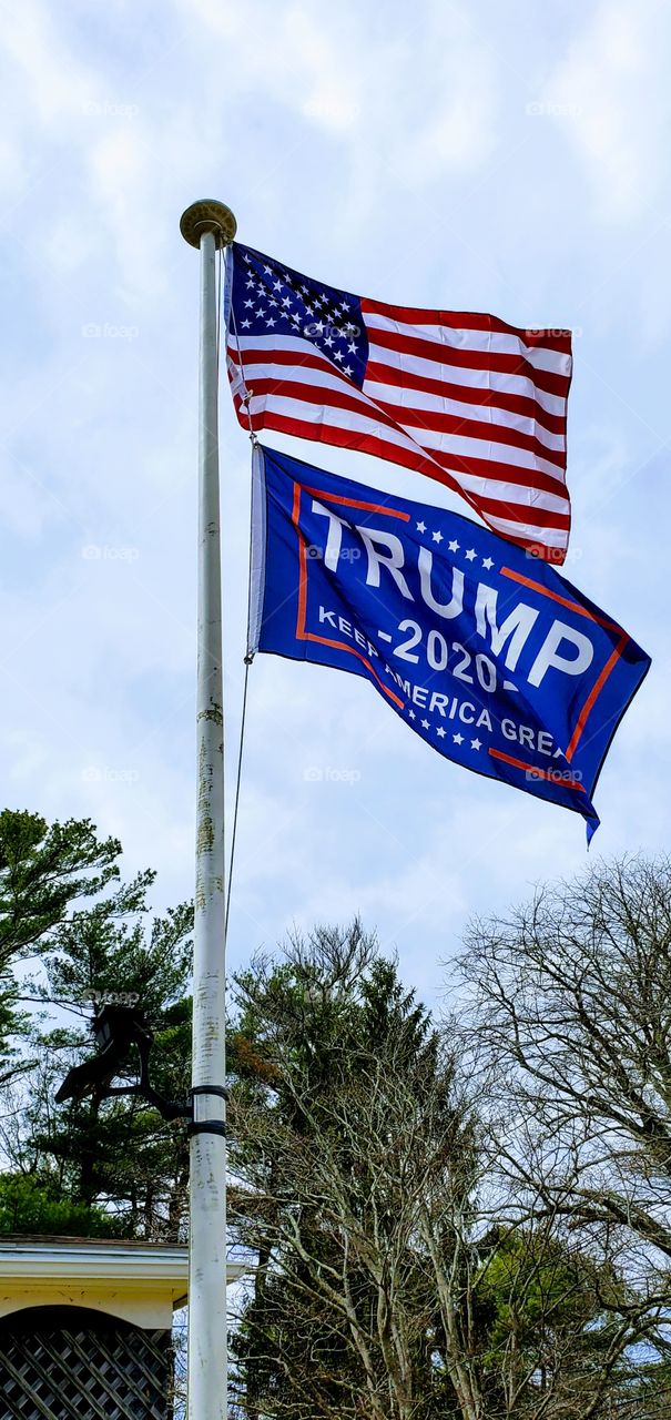 USA & TRUMP 2020 flags flying at top of a flag pole on a windy bright day. There are tree tops at bottom of photo in background.