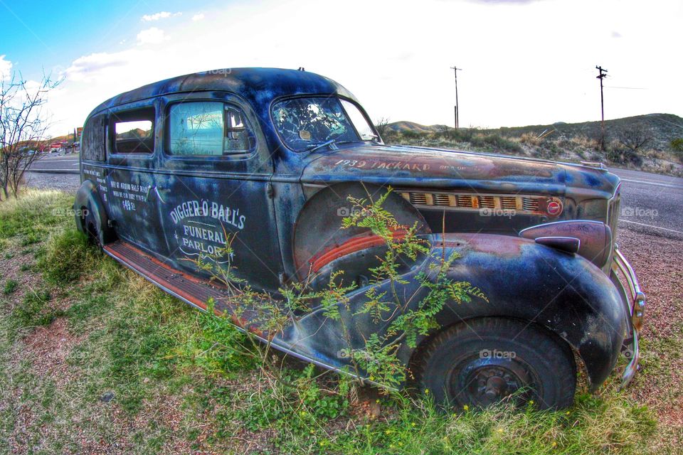 Hearse of the past. Outside Boot Hill cemetary in Tombstone