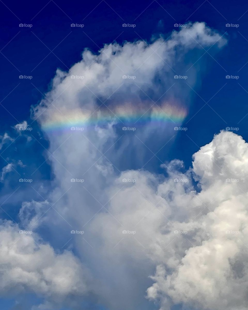 A very unique and colorful rainbow cloud sun dog in a cloudscape