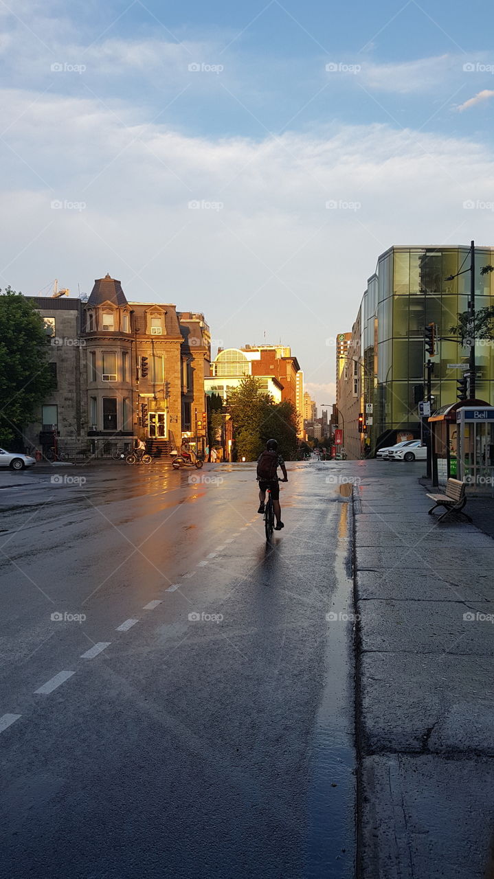 Saint Urbain street after a rain8ng afternoon on sunset. Montréal. Québec. Canada