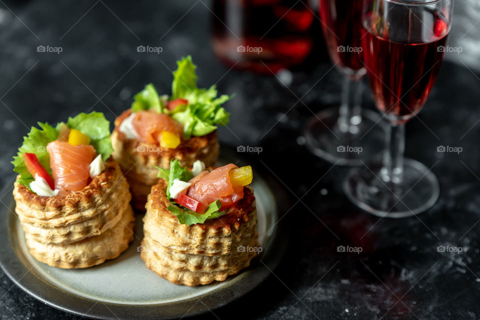 French cuisine, patties with salmon and red wine