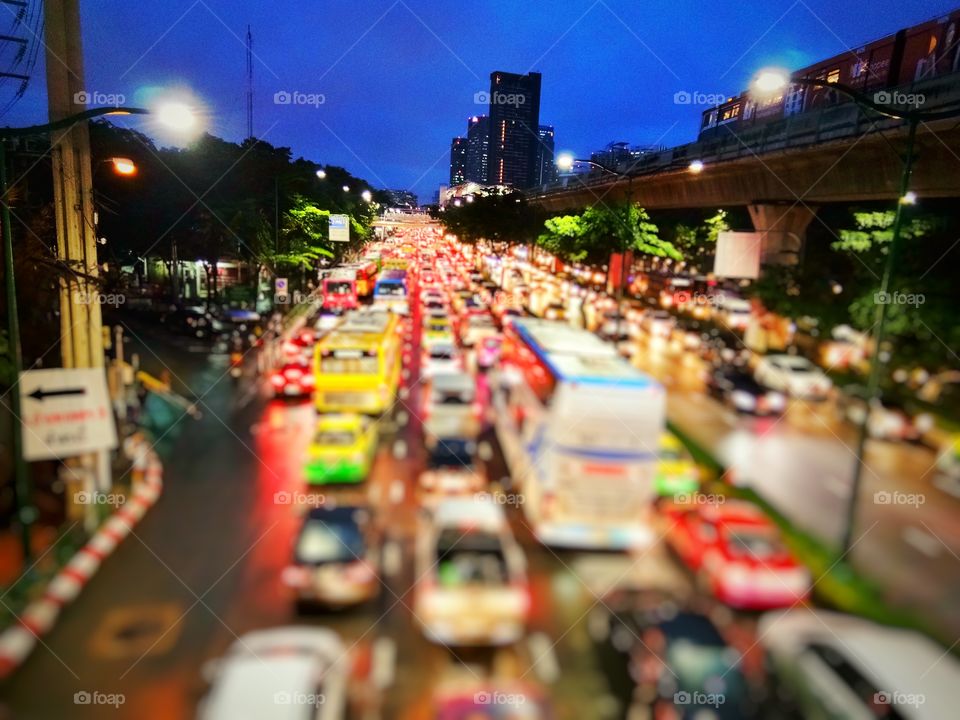 blur of traffic jam at night in bangkok,traffic jam in thailand