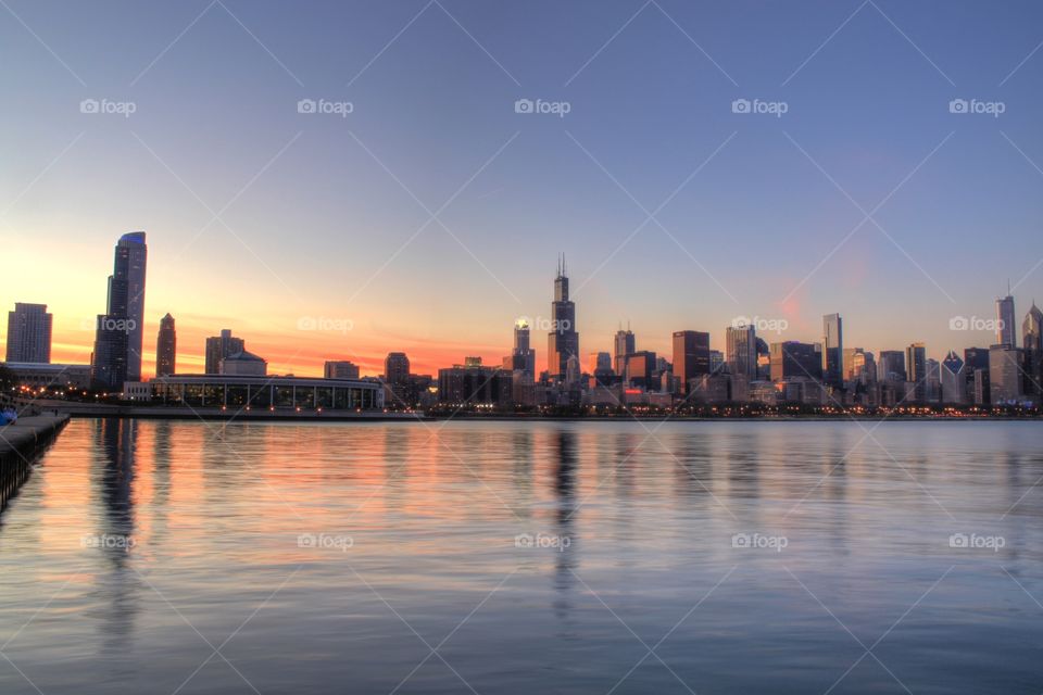 Chicago skyline at sunset