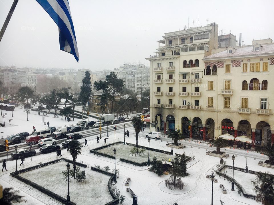 Thessaloniki, Greece - January 2017 snowfall at Aristotelous main square.