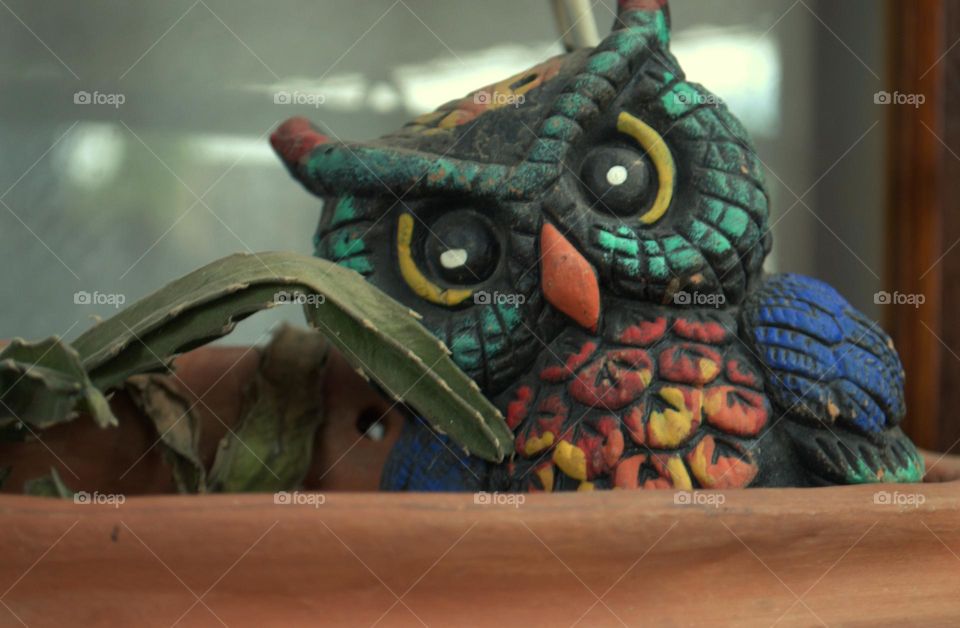 Ceramic owl in pot with cactus.