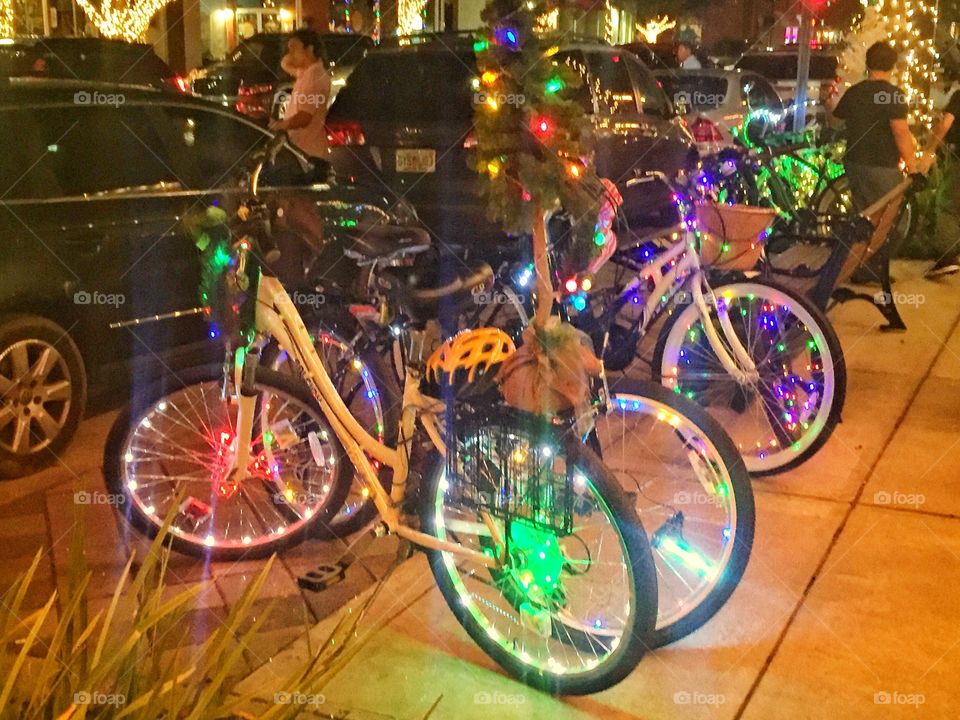 Bikes decorated with holiday lights