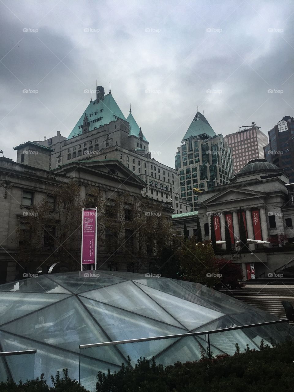 Vancouver Art Gallery over Robson Square on a cloudy autumn day in Vancouver, British Columbia 