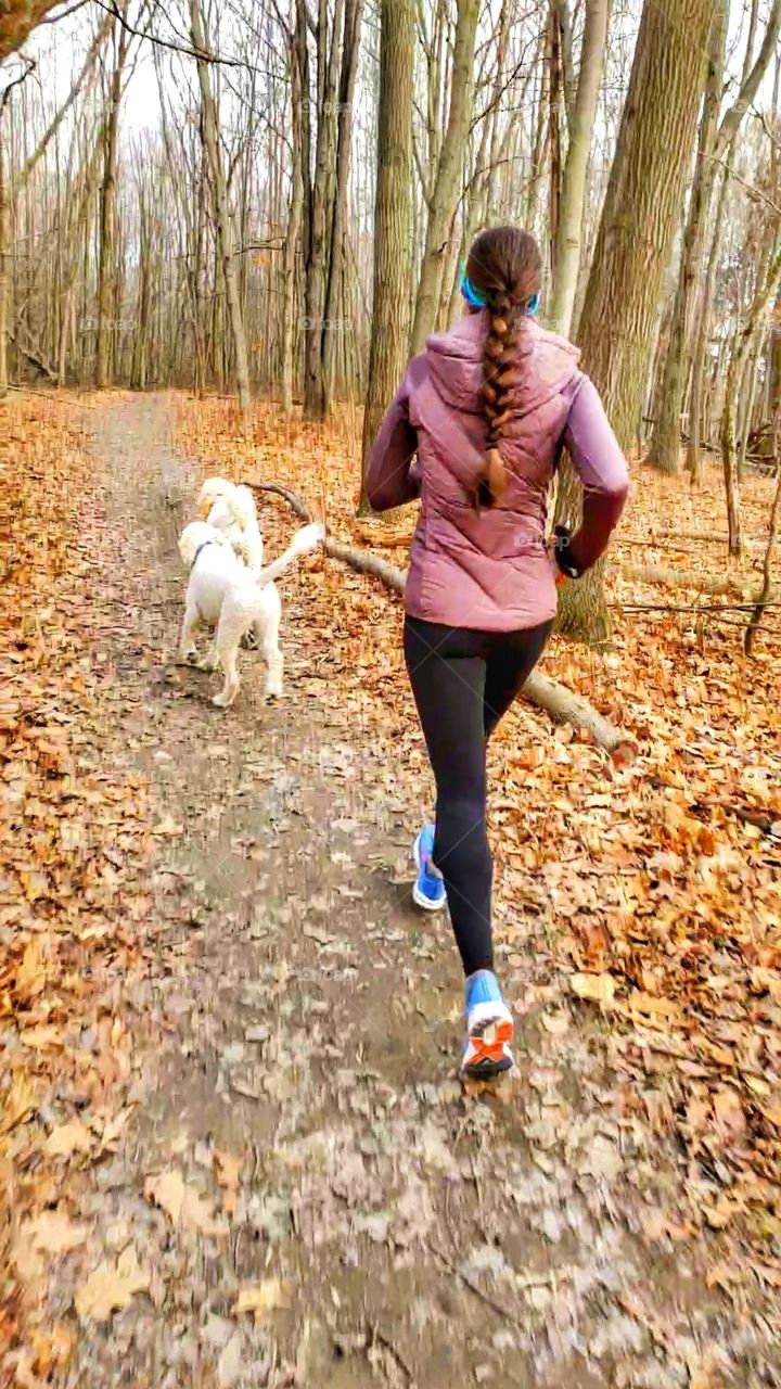 woman jogging with dogs