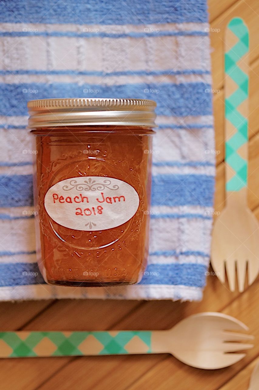 Peach Jam In A Glass Jar, Plastic Free Life InThe Kitchen, Wooden Utensils And Peach Jam, Homemade Jelly In A Glass Jar, Reuse Recycle Reduce, No Waste 