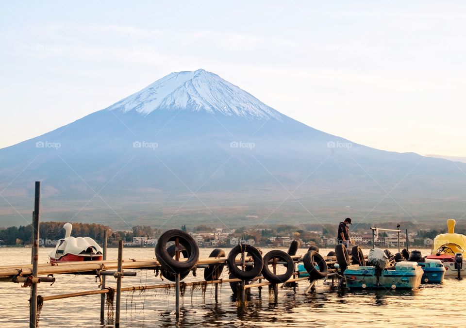 Port of boat duck on Beautiful Fuji mountain scape back at Kawaguchiko lake