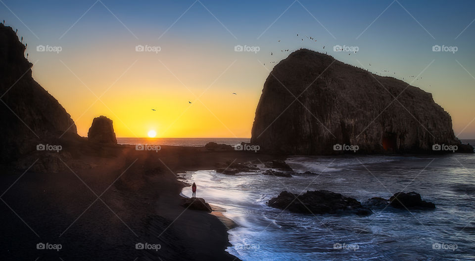 Woman watching the sun fall in the sea