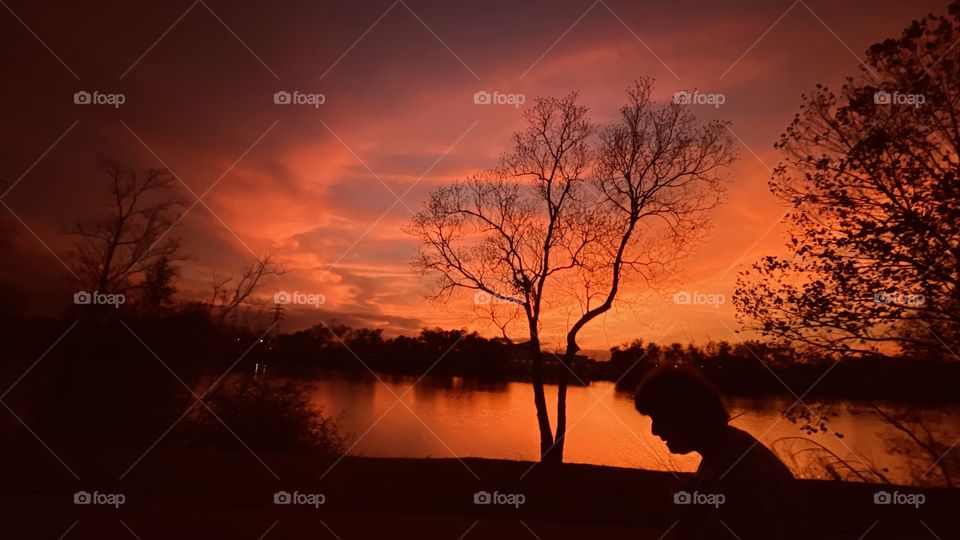 Deep Colors appearing with the Sunset silhouetted Lake water pile on Reflections from the bright Sky. 