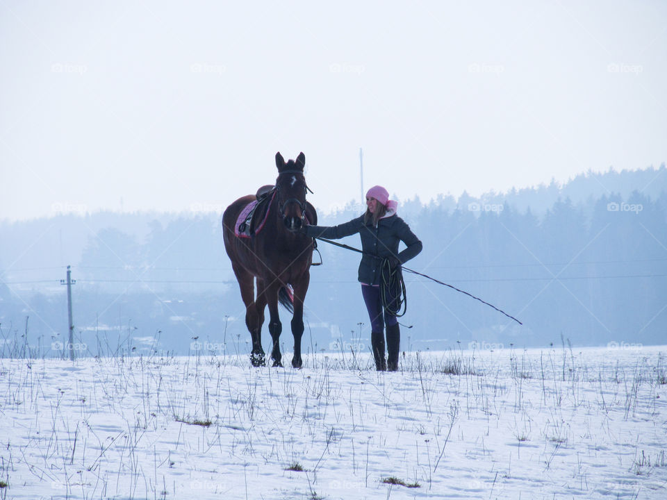 The girl leads the horse through the field