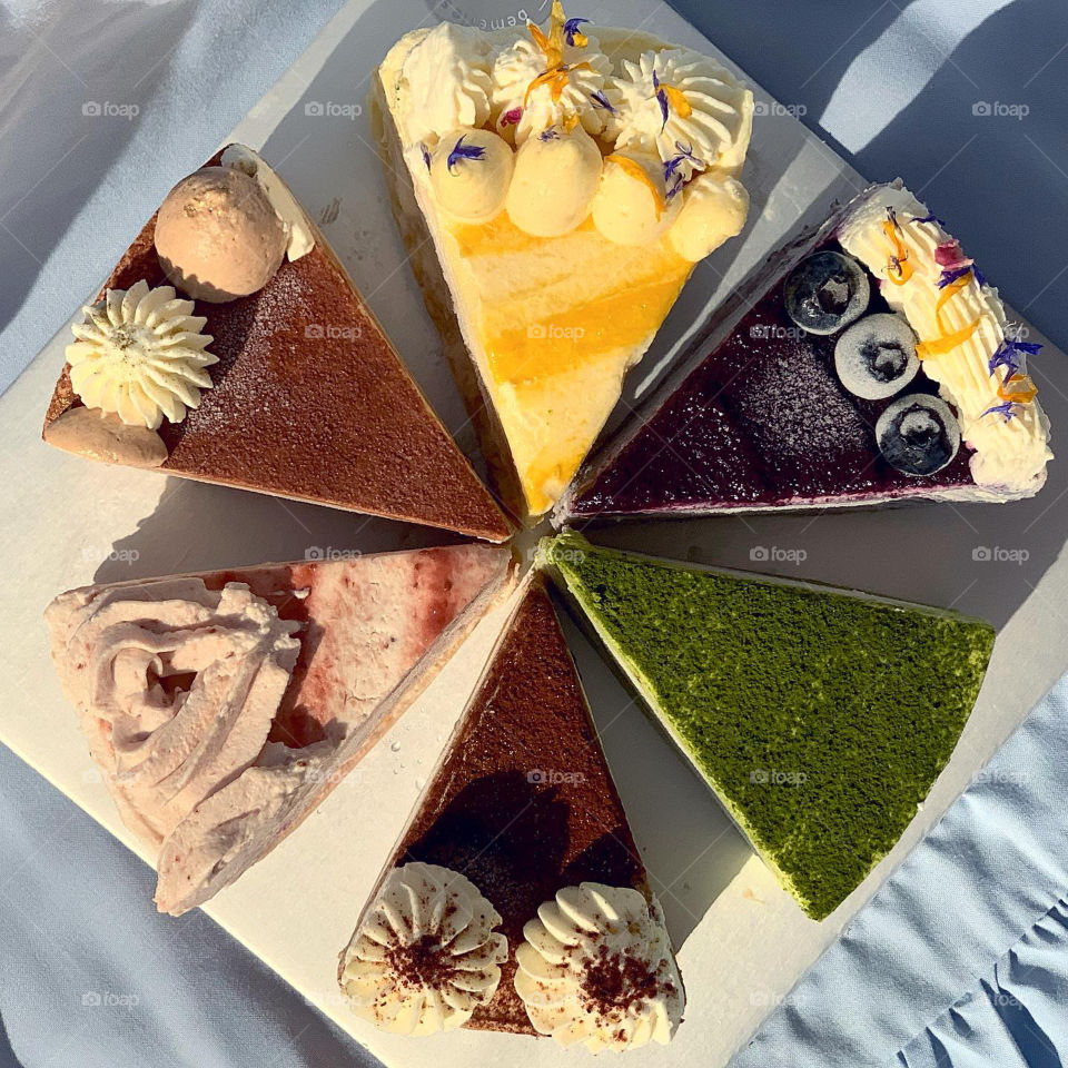 Mille crepe cake in 6 different flavours, matcha, chocolate, blueberry, raspberry, passion fruit 