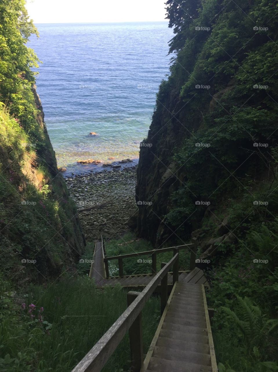 Stairway leads down the greenery covered cliff to a hidden rocky beach. Blue water laps at the shore. 