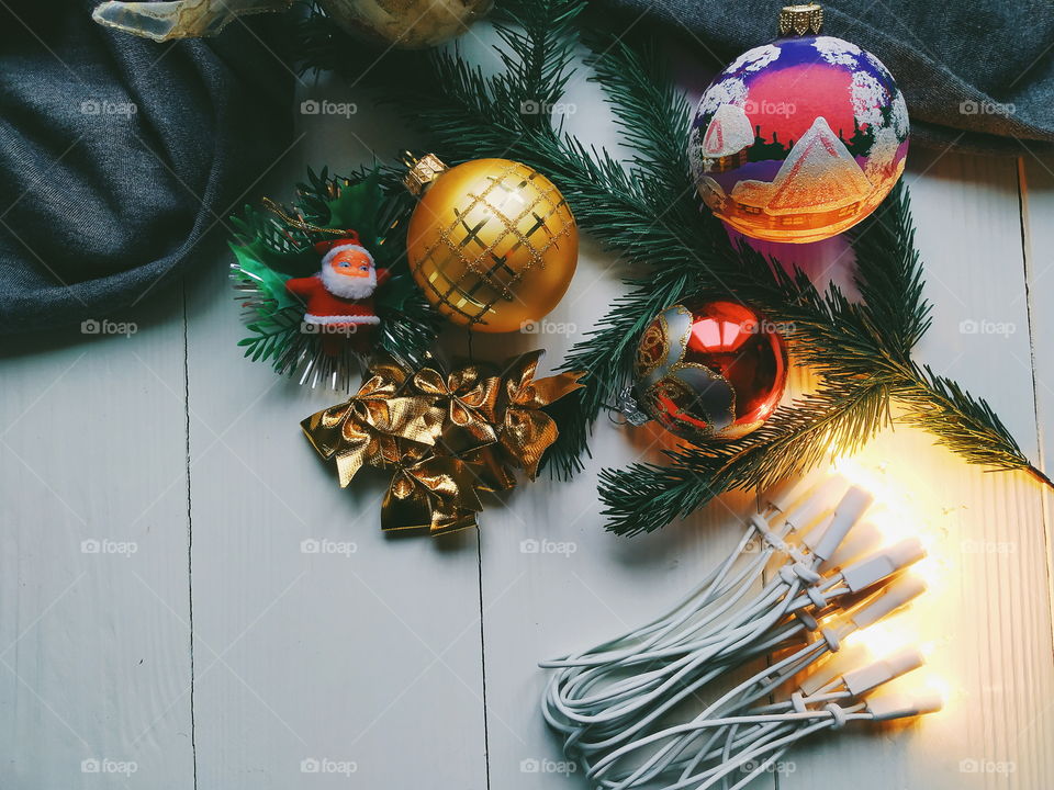 Christmas toys and Christmas tree garland